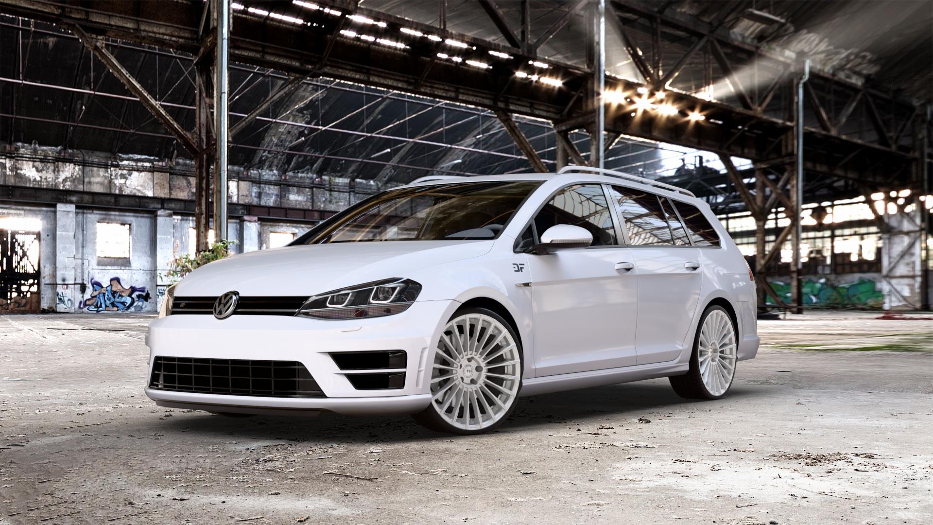 Tec Speedwheels GT5 Hyper Silber Felge mit Reifen in 20Zoll Winterfelge Alufelge auf weissem Volkswagen (VW) Golf 7 Variant 2,0l R 4Motion 221kW (300 PS) Facelift 213kW (290 228kW (310 ⬇️ mit 15mm Tieferlegung ⬇️ Old Industrial Hall_max_5300mm_2024 Frontansicht_1