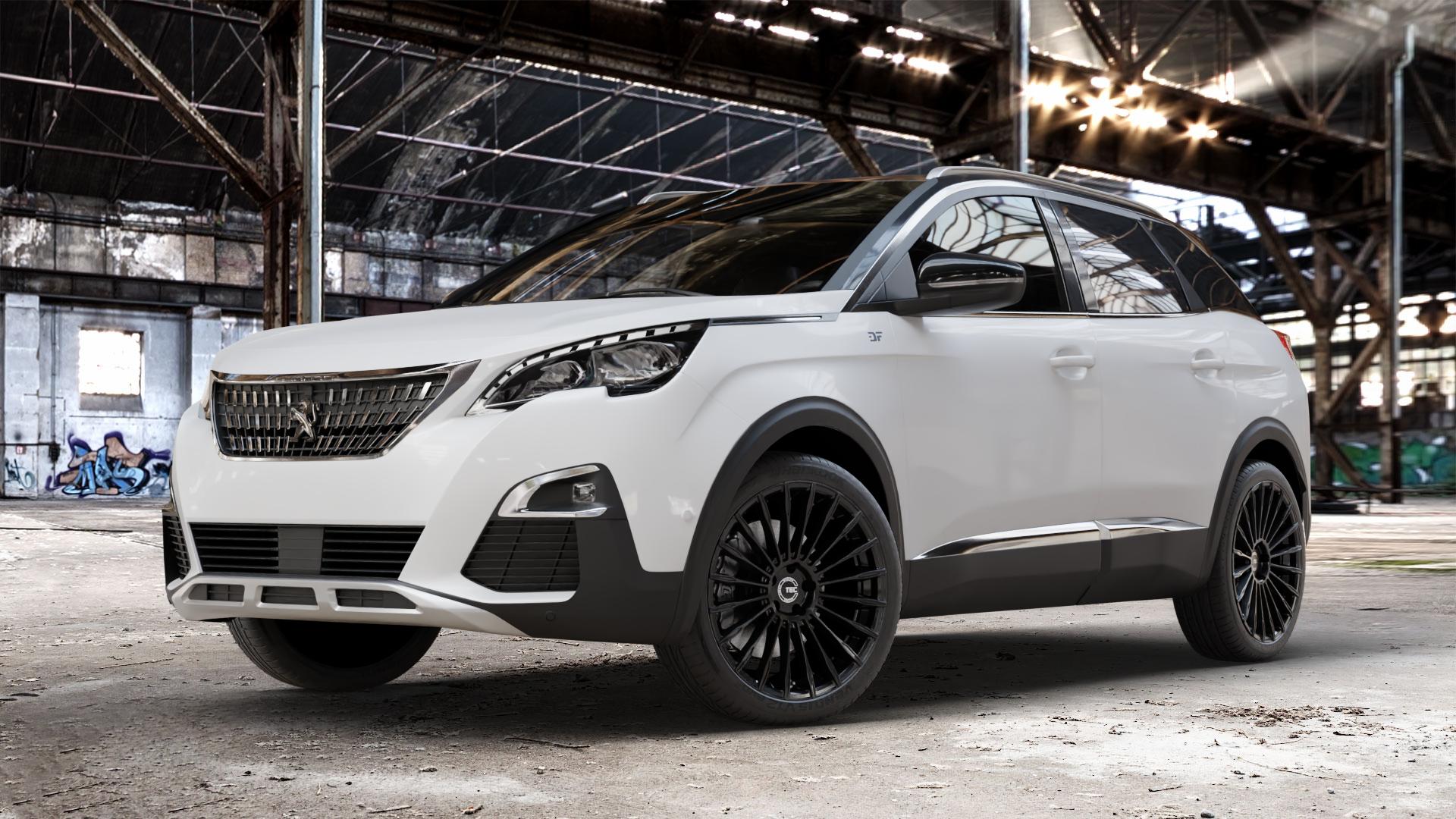Tec Speedwheels GT5 Schwarz Glanz Felge mit Reifen in 20Zoll Winterfelge Alufelge auf weissem Peugeot 3008 II Typ M ⬇️ mit 15mm Tieferlegung ⬇️ Old Industrial Hall_max_4400mm_2024 Frontansicht_1