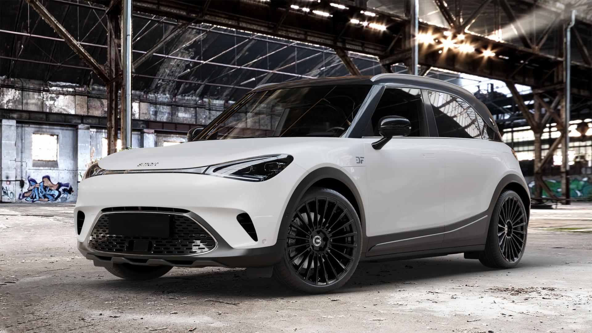 Tec Speedwheels GT5 Schwarz Glanz Felge mit Reifen in 20Zoll Winterfelge Alufelge auf weissem Smart #1 Typ HX11 ⬇️ mit 15mm Tieferlegung ⬇️ Old Industrial Hall_max_4400mm_2024 Frontansicht_1