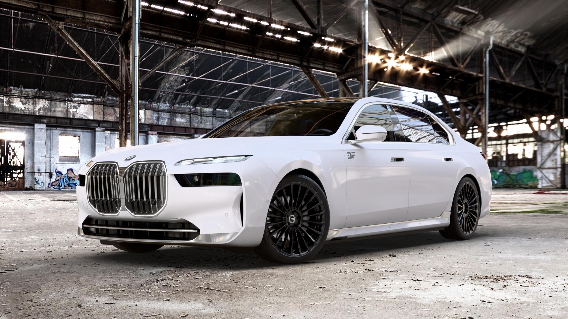 Tec Speedwheels GT5 Schwarz Glanz Felge mit Reifen in 21Zoll Winterfelge Alufelge auf weissem BMW 7er G70 Limousine (G7L) ⬇️ mit 15mm Tieferlegung ⬇️ Old Industrial Hall_max_5300mm_2024 Frontansicht_1