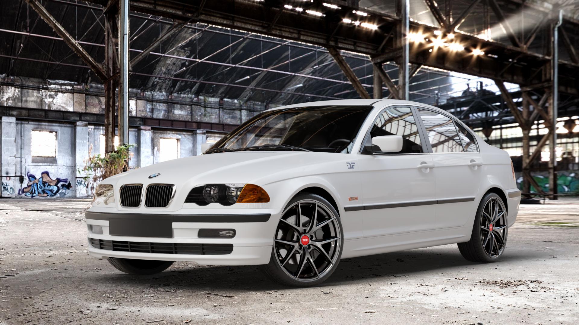 Tec Speedwheels GT6 EVO Hyper Black Felge mit Reifen grau schwarz anthrazit in 19Zoll Winterfelge Alufelge auf weissem BMW 316i Typ E46 (Limousine) 318i 320i 323i 328i 325i 330d 330xd 330i 318d 320d 325xi 330xi 3er Limousine (346) ⬇️ mit 15mm Tieferlegung ⬇️ Old Industrial Hall_max_4400mm_2024 Frontansicht_1