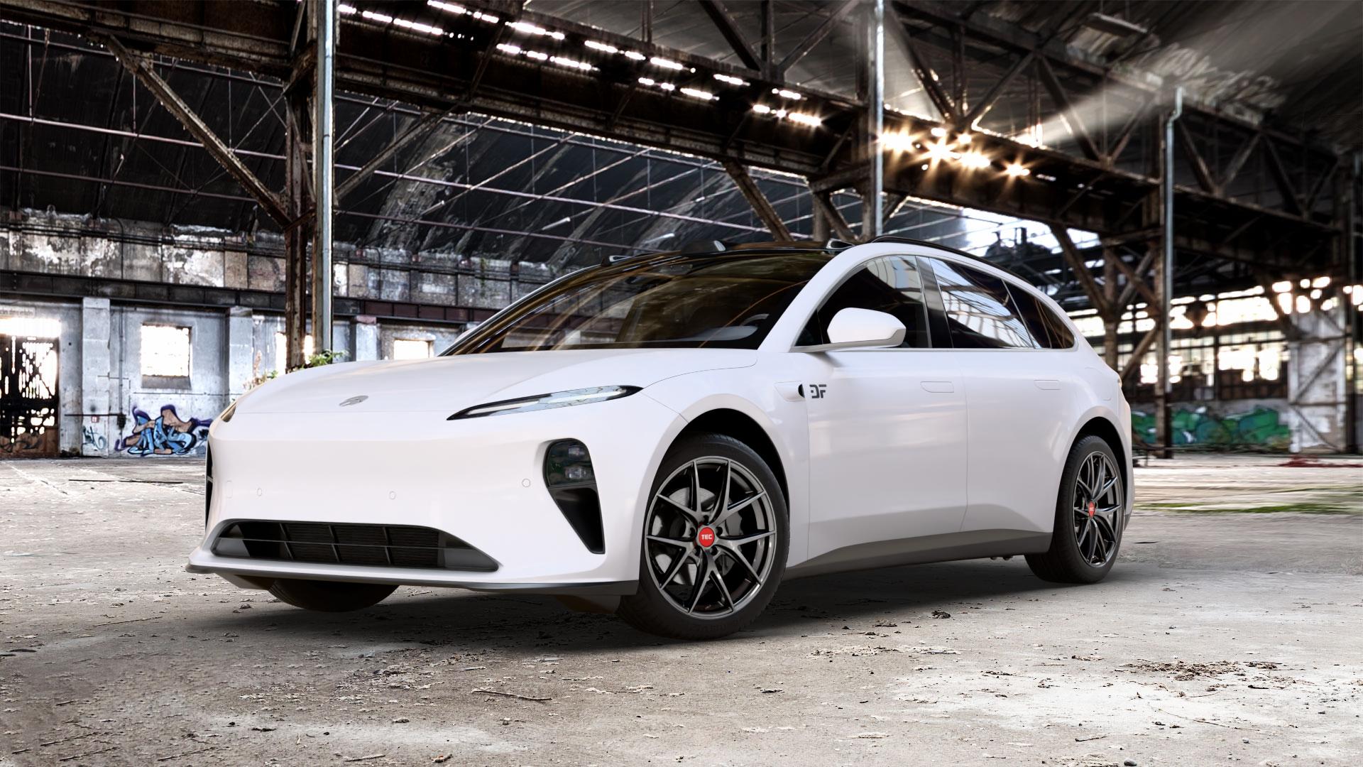 Tec Speedwheels GT6 EVO Hyper Black Felge mit Reifen grau schwarz anthrazit in 19Zoll Winterfelge Alufelge auf weissem Nio ET5 Touring Typ NACC2T1 0,0l 100kW 4WD (136 PS) ⬇️ mit 15mm Tieferlegung ⬇️ Old Industrial Hall_max_5300mm_2024 Frontansicht_1