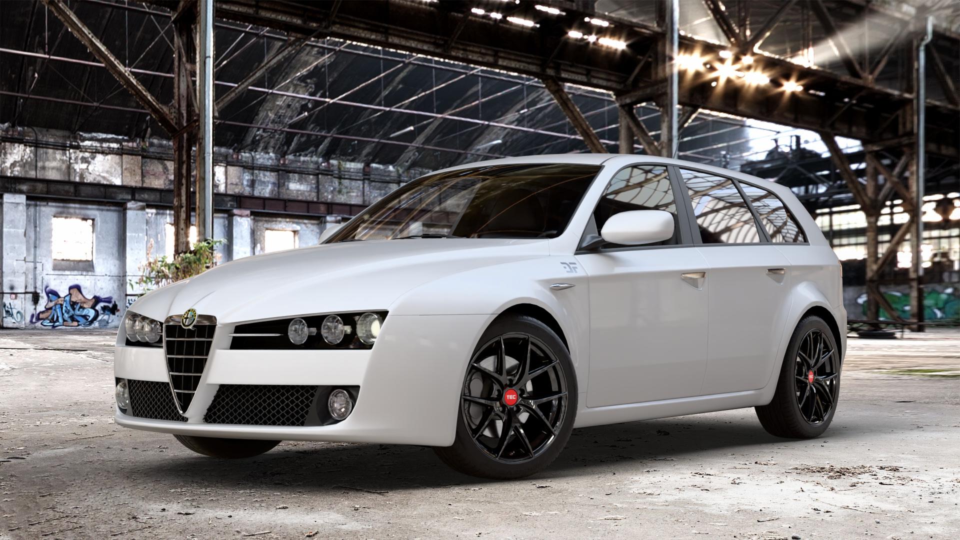 Tec Speedwheels GT6 EVO Schwarz Glanz Felge mit Reifen in 18Zoll Winterfelge Alufelge auf weissem Alfa Romeo 159 Sportwagon ⬇️ mit 15mm Tieferlegung ⬇️ Old Industrial Hall_max_4400mm_2024 Frontansicht_1