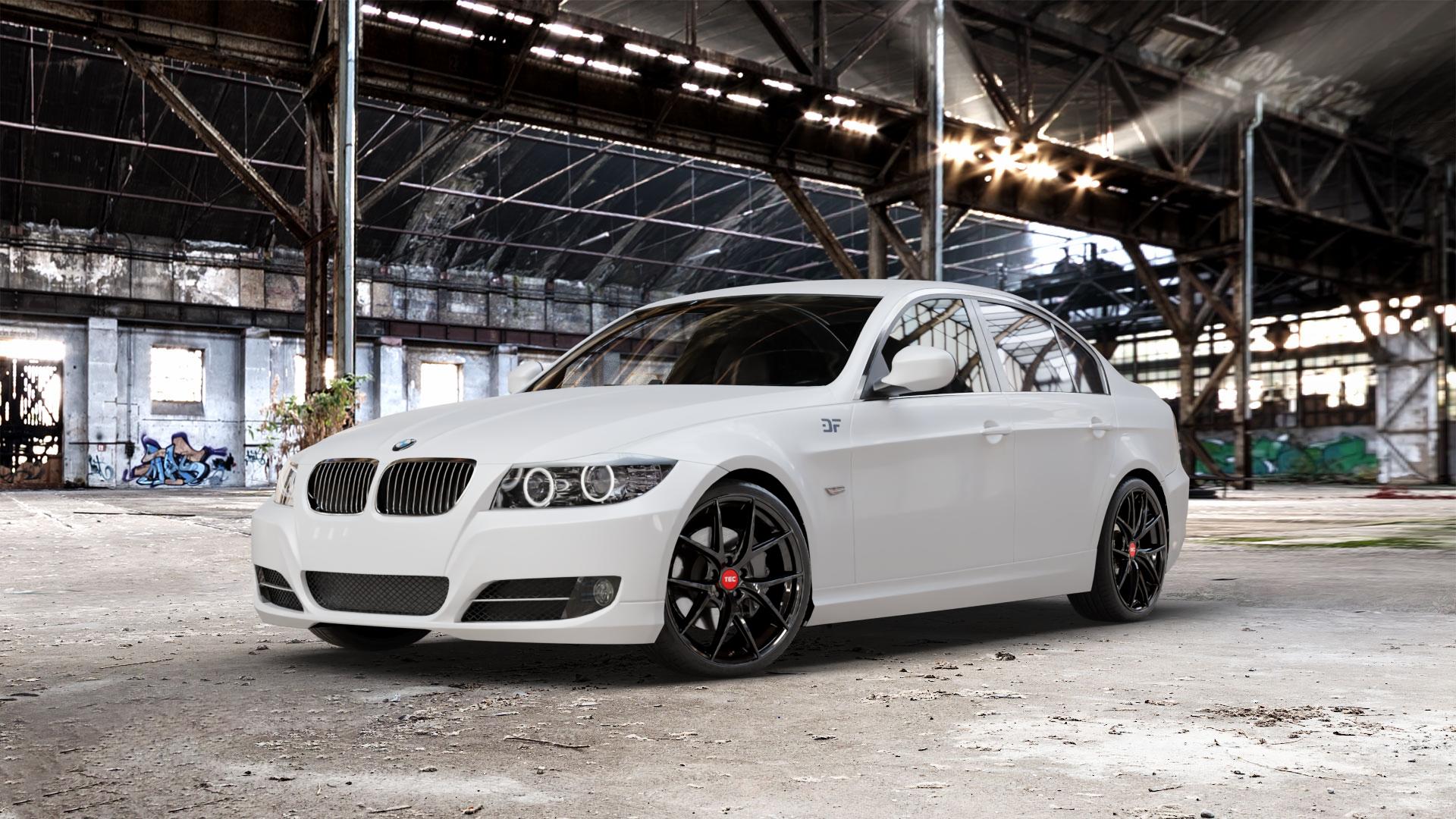 Tec Speedwheels GT6 EVO Schwarz Glanz Felge mit Reifen in 19Zoll Winterfelge Alufelge auf weissem BMW 318i Typ E90 (Limousine) 320i 335i 335d 318d 320d 325i 330i 330d 316i 325xi 330xi 325d 330xd 320si M3 (M390) 320xd 316d 335xi 323i CRT 3er Limousine (390L, 3 ⬇️ mit 15mm Tieferlegung ⬇️ Old Industrial Hall_max_5300mm_2024 Frontansicht_1