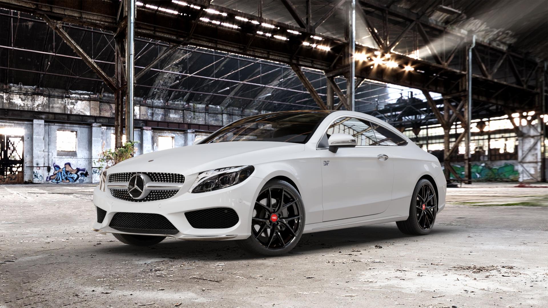 Tec Speedwheels GT6 EVO Schwarz Glanz Felge mit Reifen in 19Zoll Winterfelge Alufelge auf weissem Mercedes C-Klasse Typ C205 Coupe Facelift ⬇️ mit 15mm Tieferlegung ⬇️ Old Industrial Hall_max_5300mm_2024 Frontansicht_1