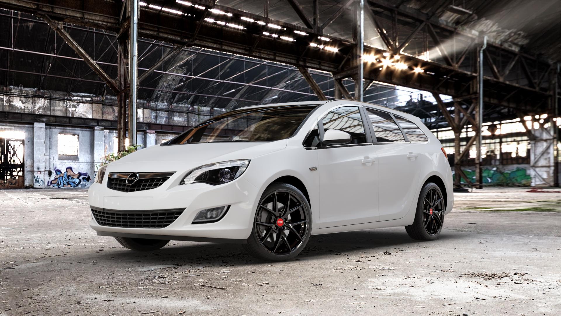 Tec Speedwheels GT6 EVO Schwarz Glanz Felge mit Reifen in 19Zoll Winterfelge Alufelge auf weissem Opel Astra J Sports Tourer Typ P-J/SW Facelift ⬇️ mit 15mm Tieferlegung ⬇️ Old Industrial Hall_max_5300mm_2024 Frontansicht_1
