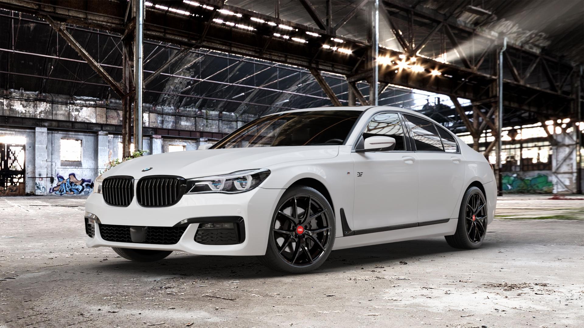 Tec Speedwheels GT6 EVO Schwarz Glanz Felge mit Reifen in 20Zoll Winterfelge Alufelge auf weissem BMW M760Li xDrive Typ G12 Facelift 6,6l 430kW (585 PS) ⬇️ mit 15mm Tieferlegung ⬇️ Old Industrial Hall_max_5300mm_2024 Frontansicht_1