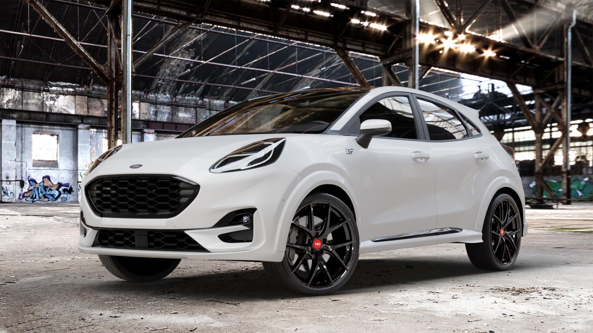 Tec Speedwheels GT6 EVO Schwarz Glanz Felge mit Reifen in 20Zoll Winterfelge Alufelge auf weissem Ford Puma II Typ J2K 1,0l EcoBoost 114kW Mild-Hybrid (155 PS) 70kW (95 92kW (125 Facelift ⬇️ mit 15mm Tieferlegung ⬇️ Old Industrial Hall_max_4400mm_2024 Frontansicht_1