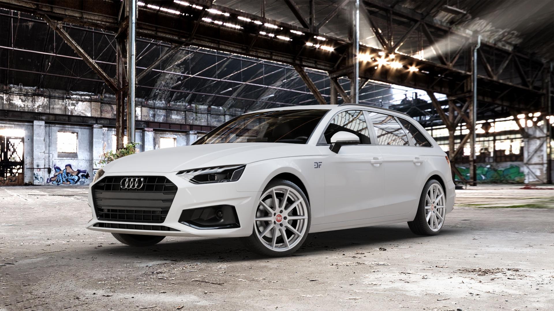 Tec Speedwheels GT7 Hyper Silber Felge mit Reifen in 19Zoll Winterfelge Alufelge auf weissem Audi A4 Typ B9 (Avant) Facelift ⬇️ mit 15mm Tieferlegung ⬇️ Old Industrial Hall_max_5300mm_2024 Frontansicht_1