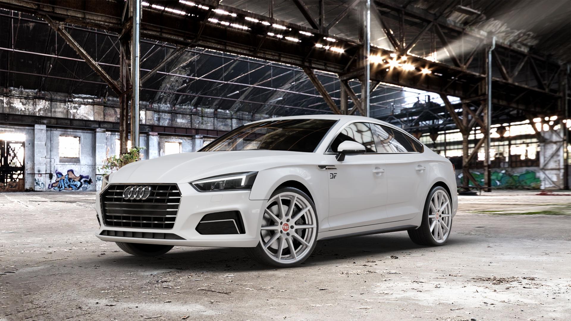 Tec Speedwheels GT7 Hyper Silber Felge mit Reifen in 20Zoll Winterfelge Alufelge auf weissem Audi A5 Typ B9 (Sportback) 2,0l TDI 140kW (190 PS) quattro TFSI 185kW (252 3,0l 160kW (218 200kW (272 1,4l 110kW (150 183kW (249 g-tron 125kW (170 Mild-Hybrid 10 ⬇️ mit 15mm Tieferlegung ⬇️ Old Industrial Hall_max_5300mm_2024 Frontansicht_1