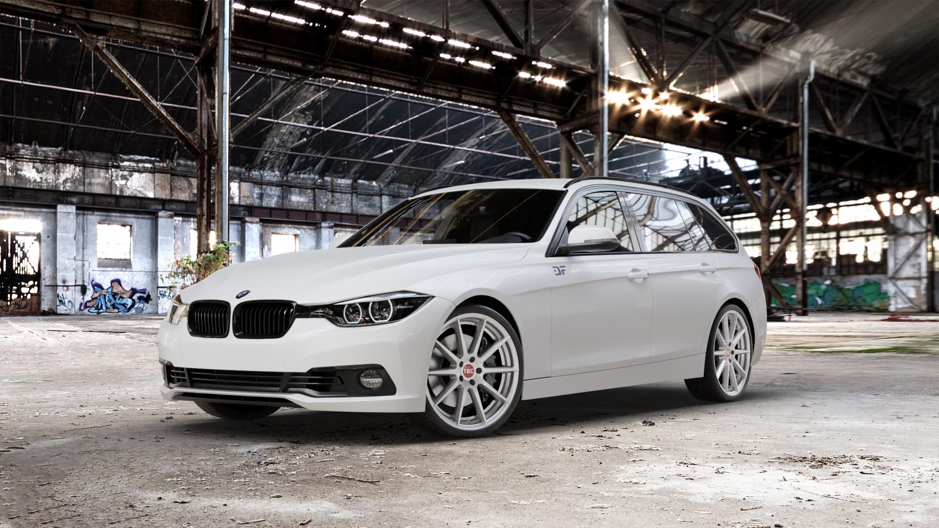 Tec Speedwheels GT7 Hyper Silber Felge mit Reifen in 20Zoll Winterfelge Alufelge auf weissem BMW 330d Typ F31 (Touring) xDrive 318i 330i 340i 3er Touring (3K, 3K-N1) ⬇️ mit 15mm Tieferlegung ⬇️ Old Industrial Hall_max_5300mm_2024 Frontansicht_1