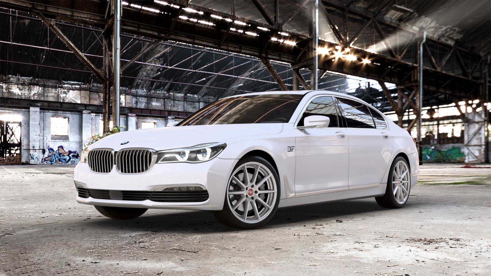 Tec Speedwheels GT7 Hyper Silber Felge mit Reifen in 20Zoll Winterfelge Alufelge auf weissem BMW 740Li Typ G12 750Li xDrive 730Ld 740Ld 740Le 730Li 750Ld 7er Limousine lang (7L) ⬇️ mit 15mm Tieferlegung ⬇️ Old Industrial Hall_max_5300mm_2024 Frontansicht_1