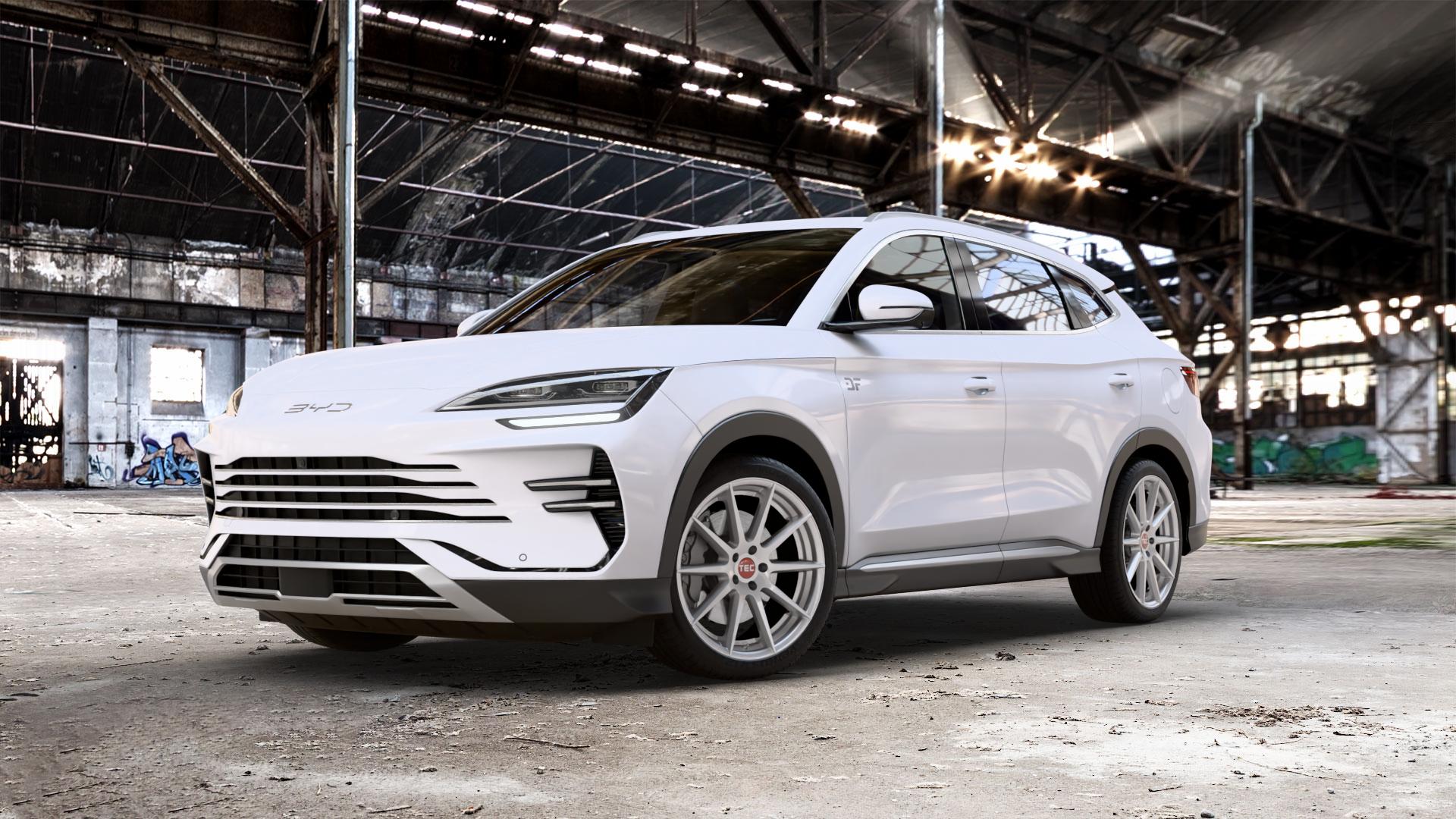 Tec Speedwheels GT7 Hyper Silber Felge mit Reifen in 20Zoll Winterfelge Alufelge auf weissem BYD Seal U Typ SA3 0,0l 65kW (88 PS) 70kW (95 1,5l DM-i 72kW Hybrid (98 AWD 96kW (131 SA3-E ⬇️ mit 15mm Tieferlegung ⬇️ Old Industrial Hall_max_5300mm_2024 Frontansicht_1