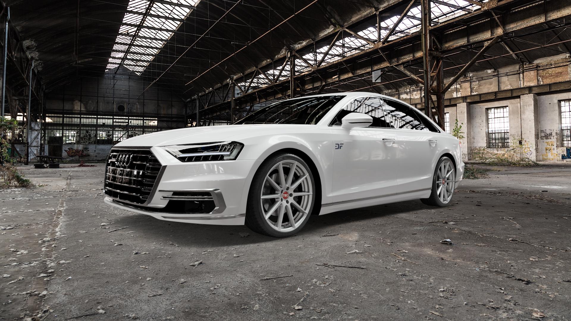 Tec Speedwheels GT7 Hyper Silber Felge mit Reifen in 21Zoll Winterfelge Alufelge auf weissem Audi A8 Typ D5/F8 3,0l 60 TFSI e quattro 250kW Hybrid (340 PS) 55 Mild-Hybrid 4,0l 338kW (460 S8 420kW (571 50 TDI 210kW (286 320kW (435 Facelift ⬇️ mit 15mm Tieferlegung ⬇️ Old Industrial Hall_max5000mm_2022 Frontansicht_1