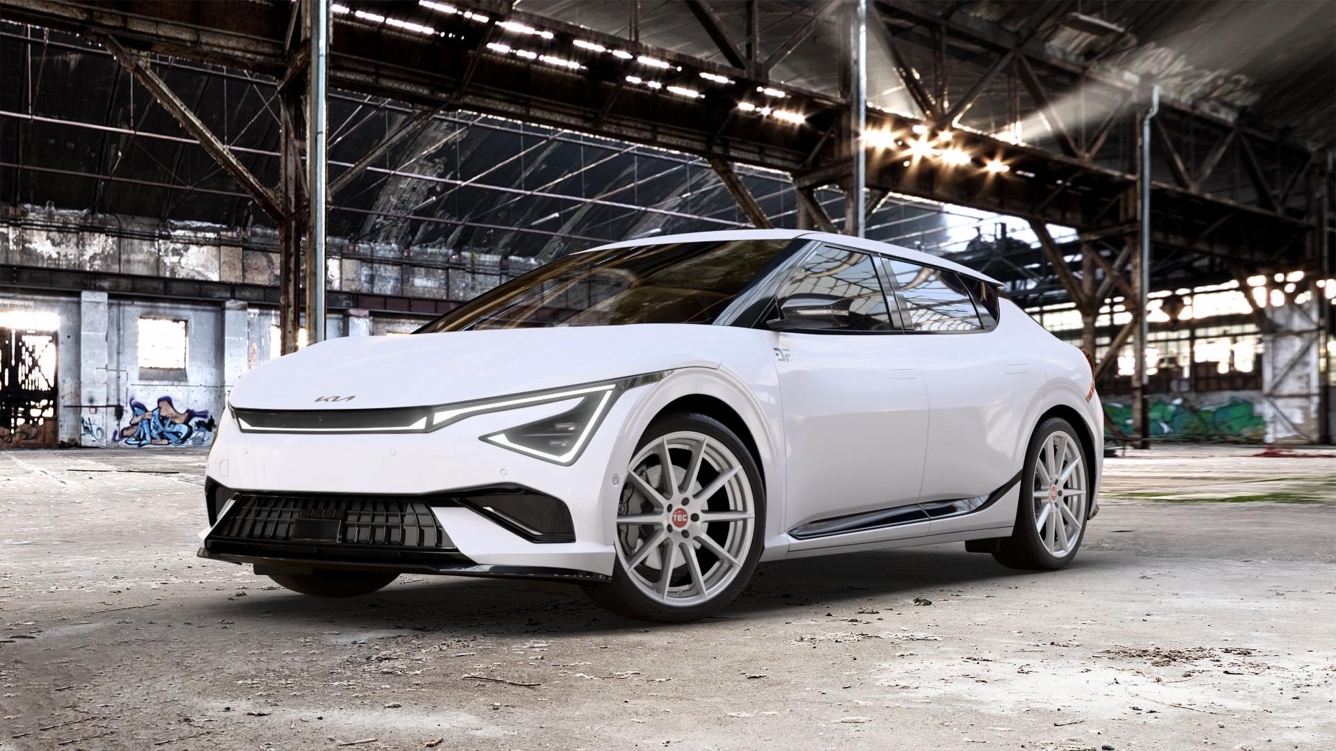 Tec Speedwheels GT7 Hyper Silber Felge mit Reifen in 21Zoll Winterfelge Alufelge auf weissem Kia EV6 Typ CV Facelift 0,0l GT AWD 159kW (216 PS) ⬇️ mit 15mm Tieferlegung ⬇️ Old Industrial Hall_max_5300mm_2024 Frontansicht_1