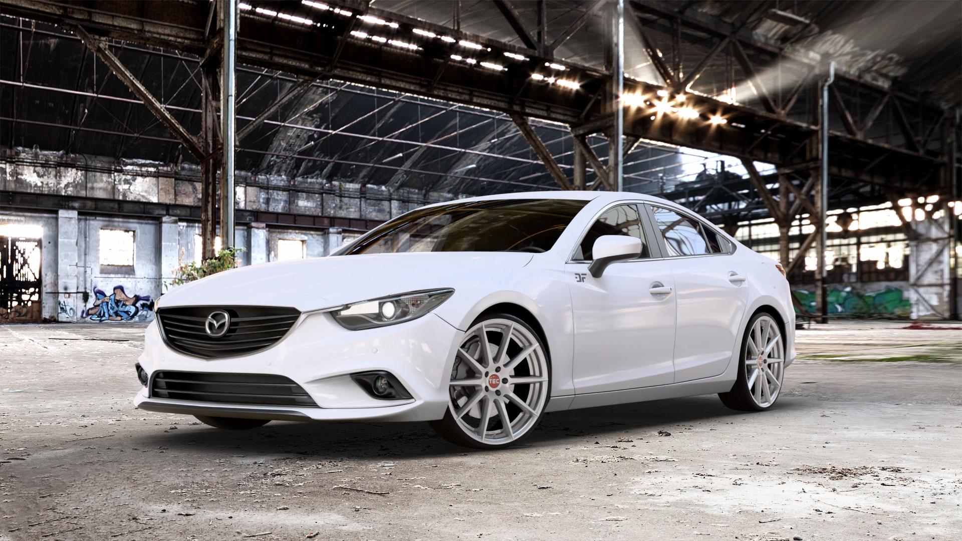 Tec Speedwheels GT7 Hyper Silber Felge mit Reifen in 21Zoll Winterfelge Alufelge auf weissem Mazda 6 III (12-15) Limousine (GJ/GH) (15-18) (GH) Facelift (GJ) ⬇️ mit 15mm Tieferlegung ⬇️ Old Industrial Hall_max_5300mm_2024 Frontansicht_1