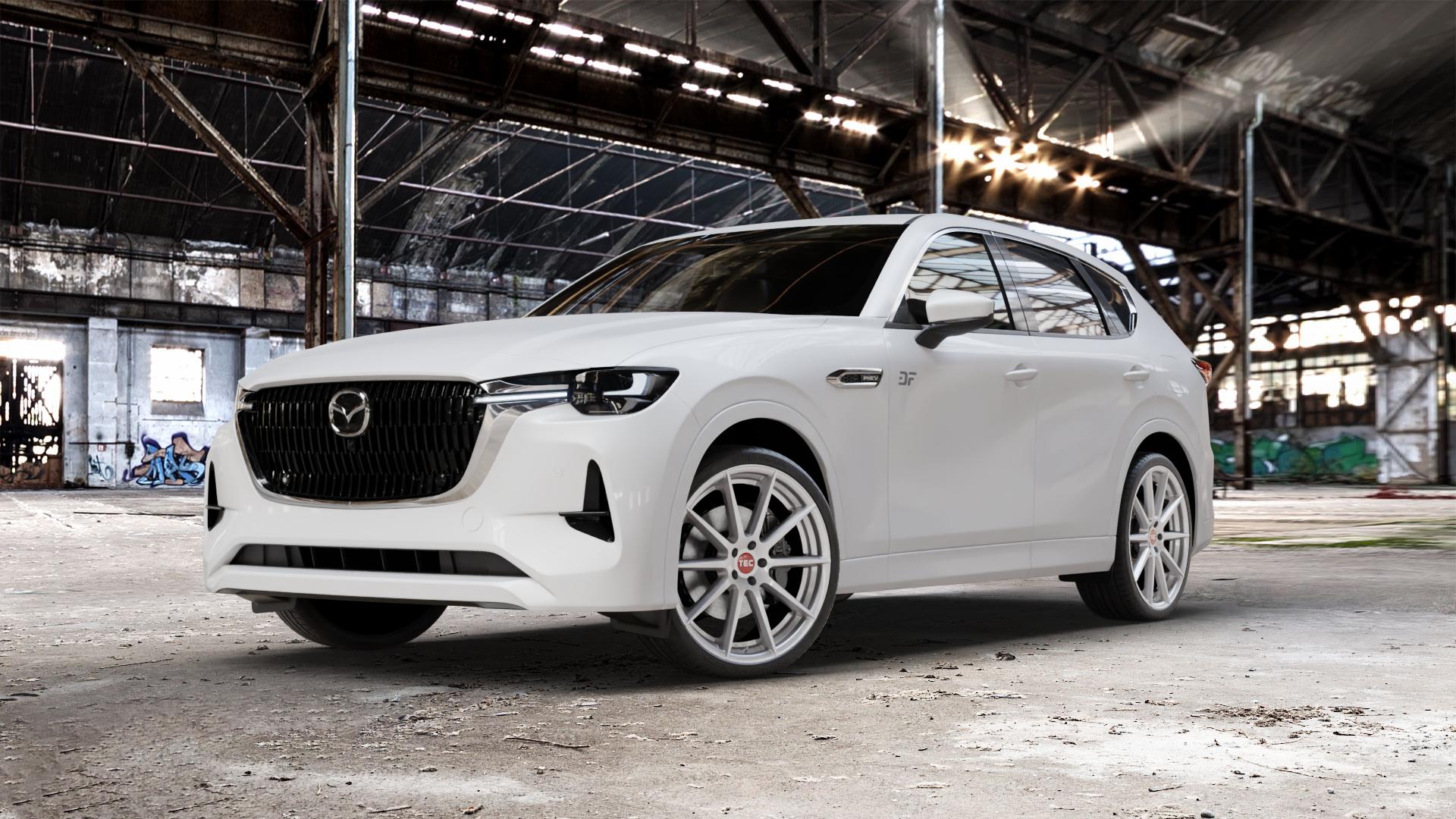 Tec Speedwheels GT7 Hyper Silber Felge mit Reifen in 22Zoll Winterfelge Alufelge auf weissem Mazda CX-60 Typ KH01 CX ⬇️ mit 15mm Tieferlegung ⬇️ Old Industrial Hall_max_5300mm_2024 Frontansicht_1