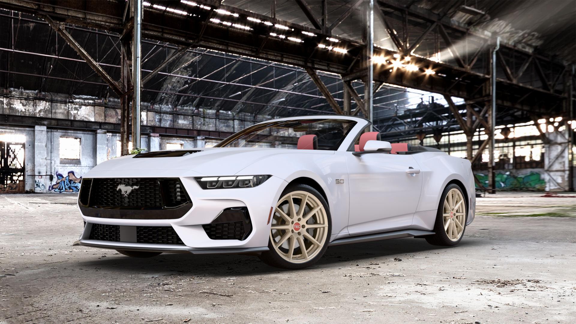 Tec Speedwheels GT7 Light Bronze Felge mit Reifen in 20Zoll Winterfelge Alufelge auf weißem Ford Mustang VII Cabrio Typ LAE ⬇️ mit 15mm Tieferlegung ⬇️ Old Industrial Hall_max_5300mm_2024 Frontansicht_1