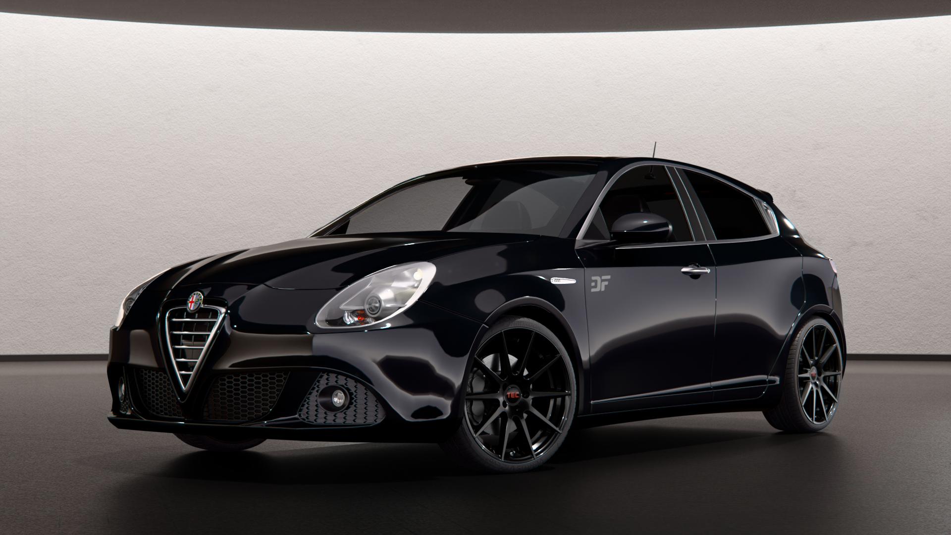 Tec Speedwheels GT7 Schwarz Glanz Felge mit Reifen in 19Zoll Winterfelge Alufelge auf schwarzem metallic Alfa Romeo Giulietta Typ 940 ⬇️ mit 15mm Tieferlegung ⬇️ Neutral Scene Mark III 2026_max 4400mm Frontansicht_1