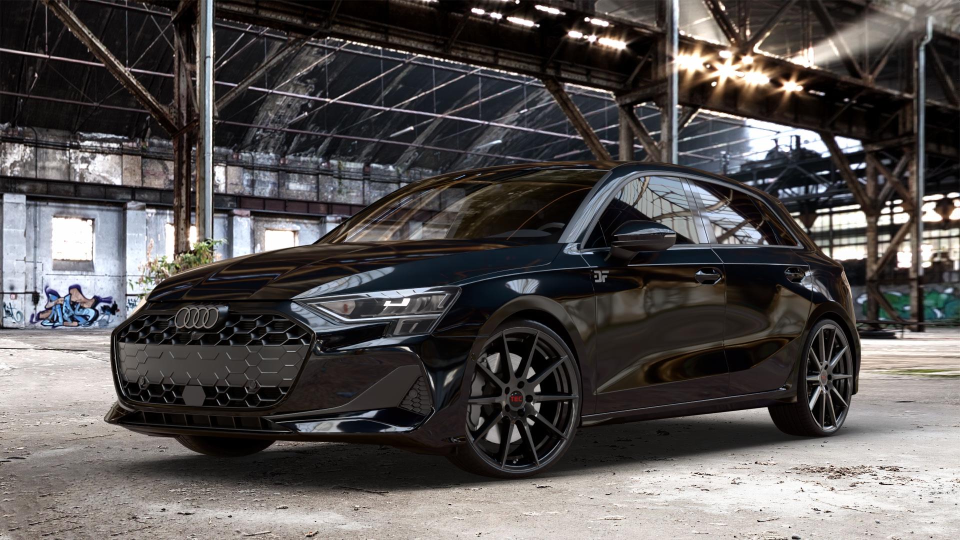 Tec Speedwheels GT7 Schwarz Glanz Felge mit Reifen in 20Zoll Winterfelge Alufelge auf metallic schwarzem Audi A3 Typ GY (Sportback) Facelift 2,0l 30 TDI 85kW (116 PS) 1,5l TFSI Mild-Hybrid 35 110kW (150 PHEV 200 130kW Hybrid (177 150 ⬇️ mit 15mm Tieferlegung ⬇️ Old Industrial Hall_max_4400mm_2024 Frontansicht_1