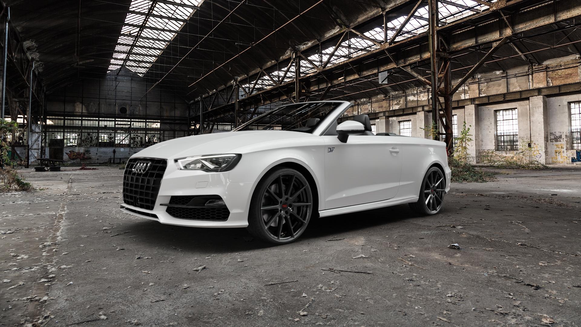 Tec Speedwheels GT7 Schwarz Glanz Felge mit Reifen in 20Zoll Winterfelge Alufelge auf weissem Audi A3 Typ 8V (Cabriolet) ⬇️ mit 15mm Tieferlegung ⬇️ Old Industrial Hall_max5000mm_2022 Frontansicht_1