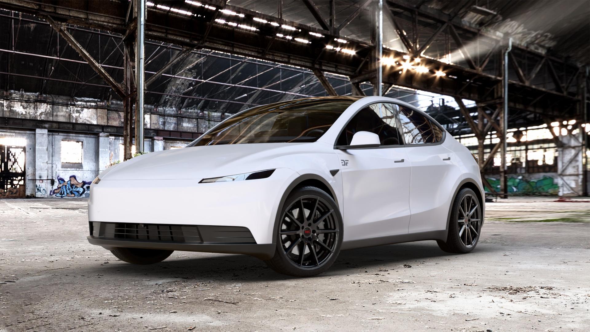 Tec Speedwheels GT7 Schwarz Glanz Felge mit Reifen in 20Zoll Winterfelge Alufelge auf weissem Tesla Model Y Typ 003 Juniper 0,0l Standard Range 114kW 2WD (155 PS) ⬇️ mit 15mm Tieferlegung ⬇️ Old Industrial Hall_max_5300mm_2024 Frontansicht_1