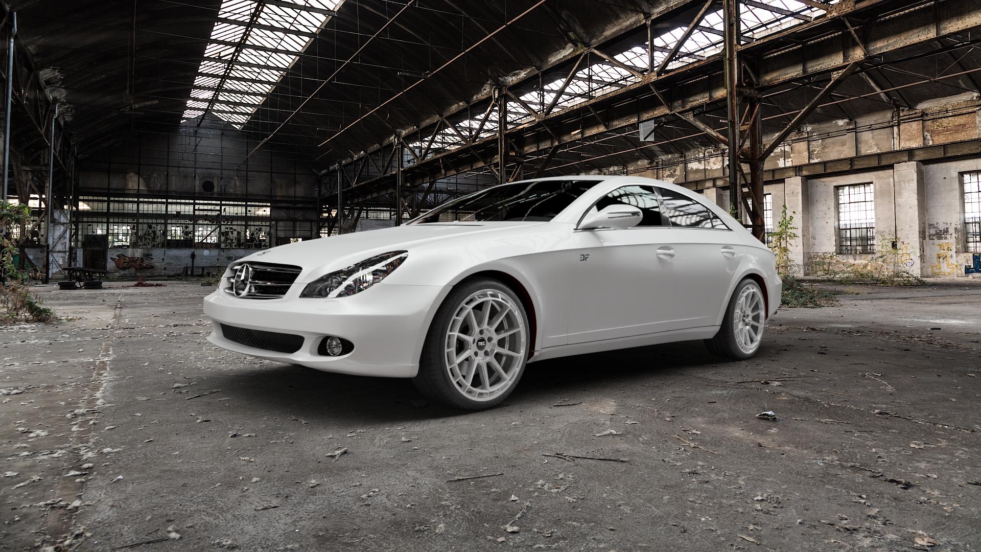 Tec Speedwheels GT8 Hyper Silber Felge mit Reifen in 19Zoll Winterfelge Alufelge auf weissem Mercedes CLS Typ C219 ⬇️ mit 15mm Tieferlegung ⬇️ Old Industrial Hall_max5000mm_2022 Frontansicht_1