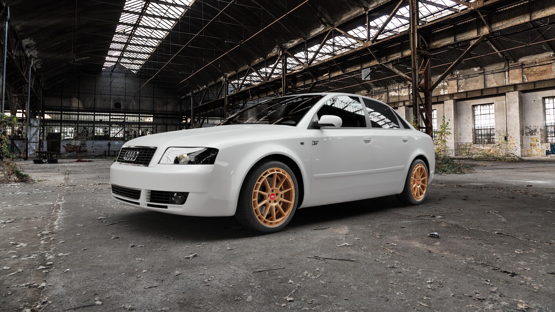 Tec Speedwheels GT8 Rosé Gold Felge mit Reifen in 18Zoll Winterfelge Alufelge auf weissem Audi A4 Typ 8E2/B6 (Limousine) ⬇️ mit 15mm Tieferlegung ⬇️ Old Industrial Hall_max5000mm_2022 Frontansicht_1
