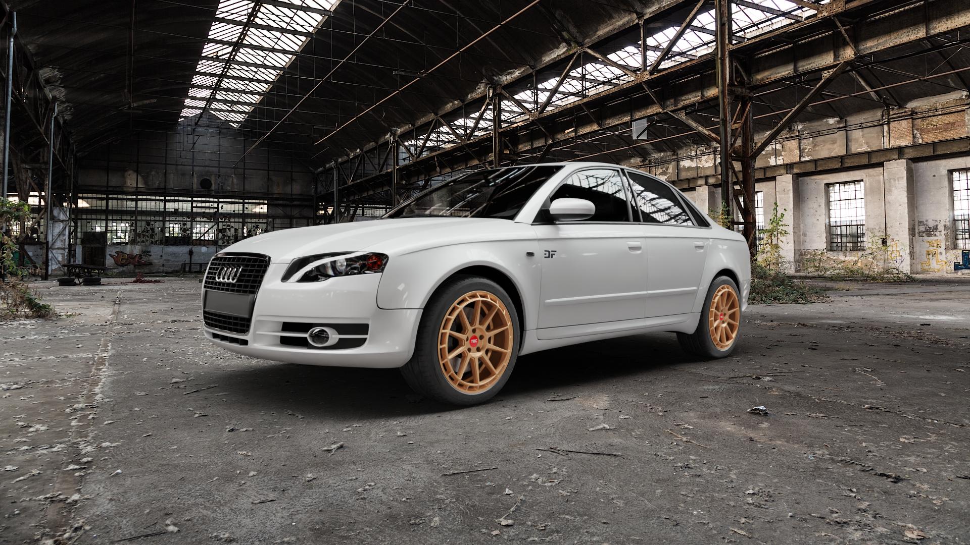 Tec Speedwheels GT8 Rosé Gold Felge mit Reifen in 18Zoll Winterfelge Alufelge auf weissem Audi A4 Typ 8EC/B7 (Limousine) ⬇️ mit 15mm Tieferlegung ⬇️ Old Industrial Hall_max5000mm_2022 Frontansicht_1