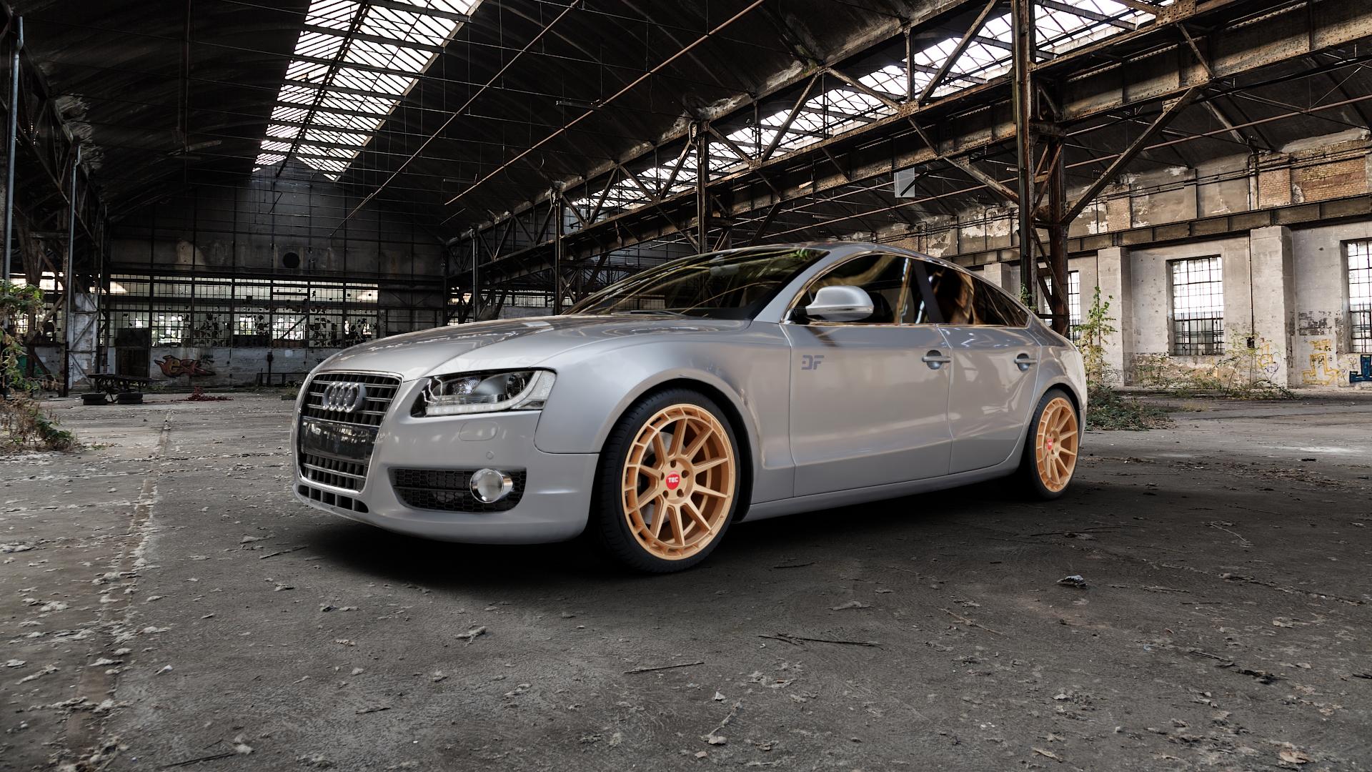 Tec Speedwheels GT8 Rosé Gold Felge mit Reifen in 19Zoll Winterfelge Alufelge auf silbernem Audi A5 Typ B8 (Sportback) ⬇️ mit 15mm Tieferlegung ⬇️ Industrial Hall_Alt Frontansicht_1