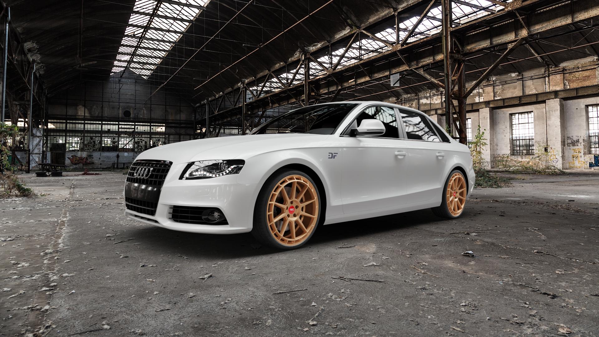 Tec Speedwheels GT8 Rosé Gold Felge mit Reifen in 20Zoll Winterfelge Alufelge auf weissem Audi A4 Typ 8K2/B8 (Limousine) ⬇️ mit 15mm Tieferlegung ⬇️ Old Industrial Hall_max5000mm_2022 Frontansicht_1
