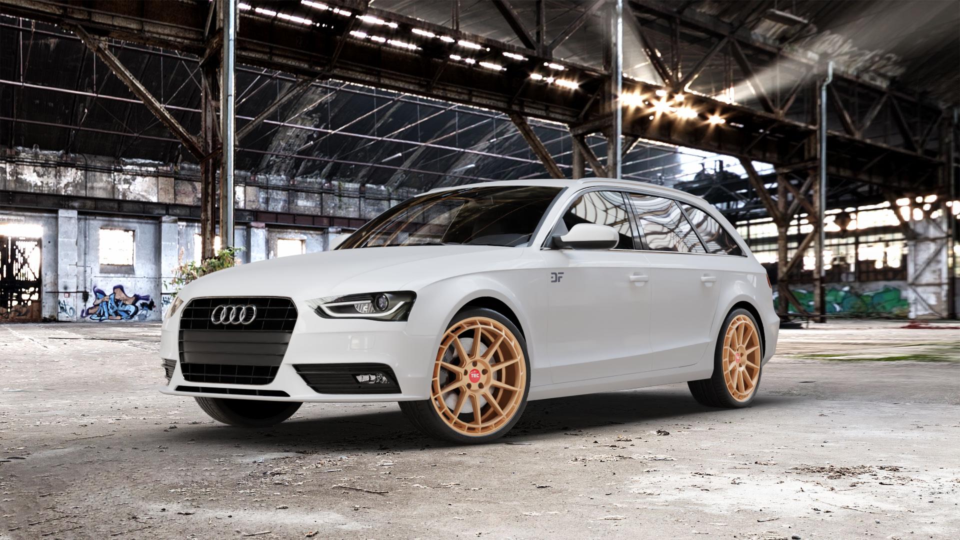 Tec Speedwheels GT8 Rosé Gold Felge mit Reifen in 20Zoll Winterfelge Alufelge auf weissem Audi A4 Typ 8K5/B8 (Avant) Facelift ⬇️ mit 15mm Tieferlegung ⬇️ Old Industrial Hall_max_5300mm_2024 Frontansicht_1