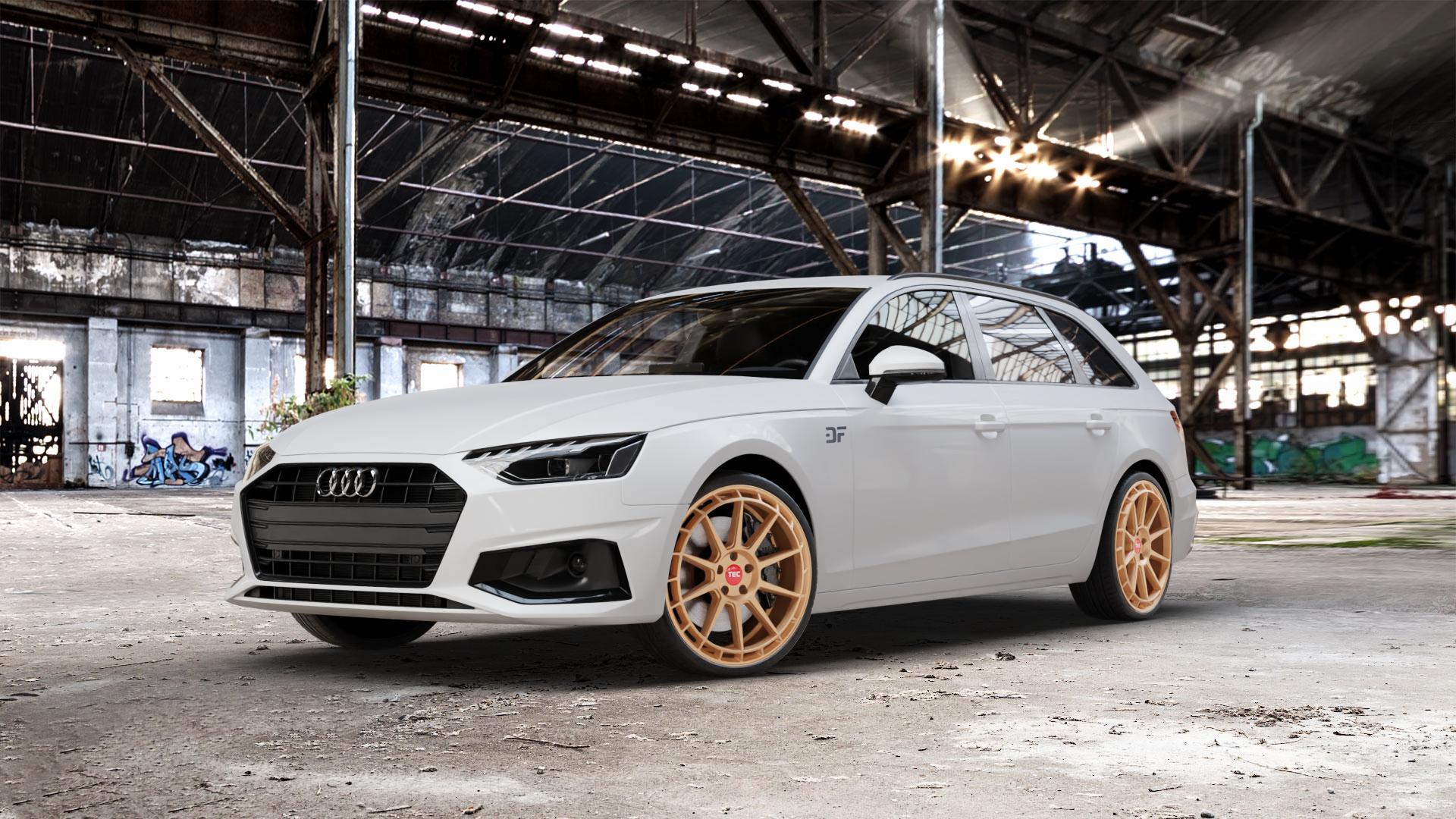 Tec Speedwheels GT8 Rosé Gold Felge mit Reifen in 20Zoll Winterfelge Alufelge auf weissem Audi A4 Typ B9 (Avant) Facelift ⬇️ mit 15mm Tieferlegung ⬇️ Old Industrial Hall_max_5300mm_2024 Frontansicht_1