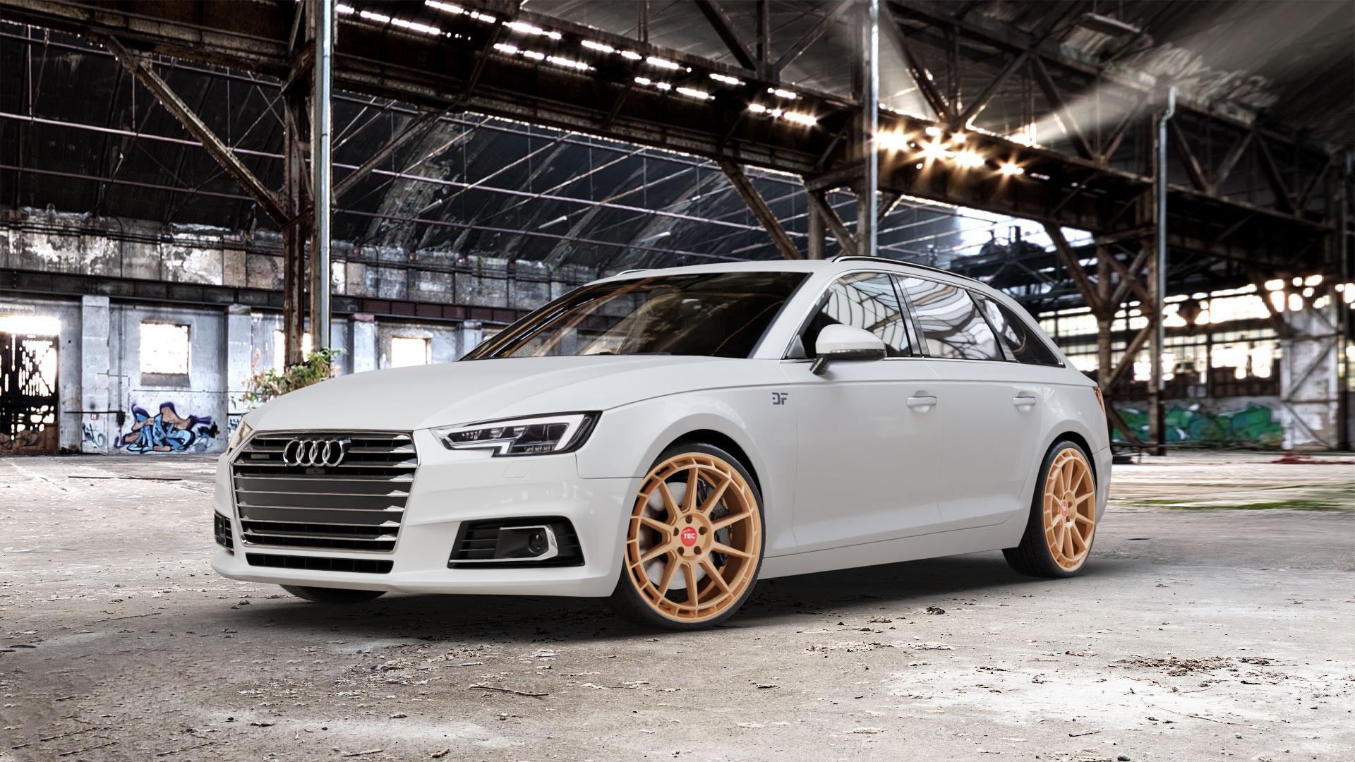 Tec Speedwheels GT8 Rosé Gold Felge mit Reifen in 20Zoll Winterfelge Alufelge auf weissem Audi A4 Typ B9 (Avant) ⬇️ mit 15mm Tieferlegung ⬇️ Old Industrial Hall_max_5300mm_2024 Frontansicht_1