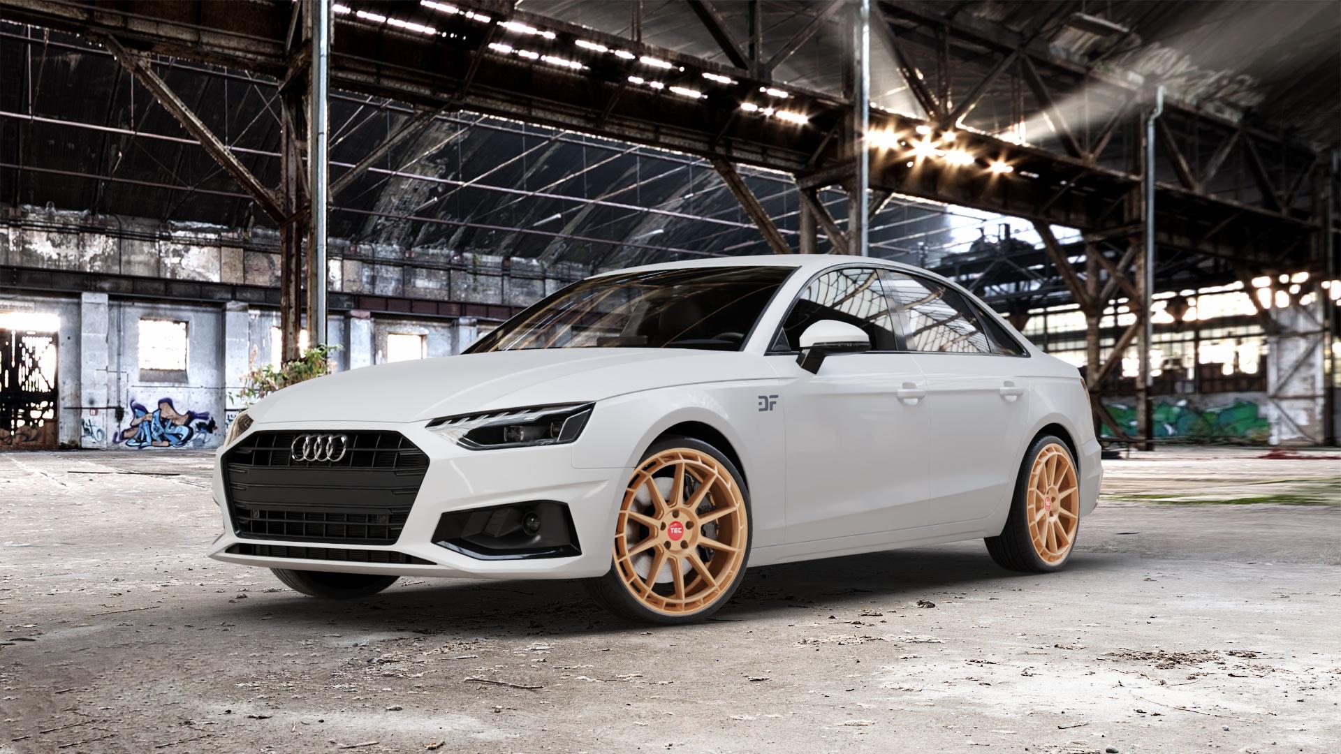 Tec Speedwheels GT8 Rosé Gold Felge mit Reifen in 20Zoll Winterfelge Alufelge auf weissem Audi A4 Typ B9 (Limousine) Facelift ⬇️ mit 15mm Tieferlegung ⬇️ Old Industrial Hall_max_5300mm_2024 Frontansicht_1