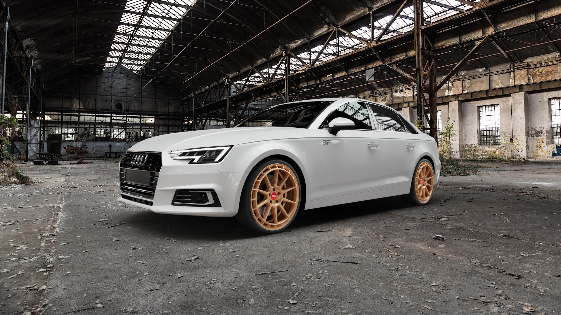 Tec Speedwheels GT8 Rosé Gold Felge mit Reifen in 20Zoll Winterfelge Alufelge auf weissem Audi A4 Typ B9 (Limousine) ⬇️ mit 15mm Tieferlegung ⬇️ Old Industrial Hall_max5000mm_2022 Frontansicht_1