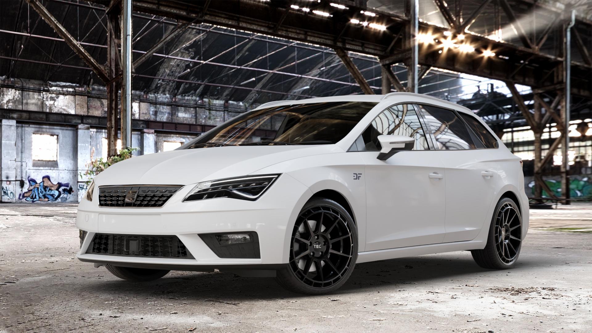 Tec Speedwheels GT8 Schwarz Glanz Felge mit Reifen in 19Zoll Winterfelge Alufelge auf weissem Seat Leon Typ 5F ST Facelift ⬇️ mit 15mm Tieferlegung ⬇️ Old Industrial Hall_max_4400mm_2024 Frontansicht_1