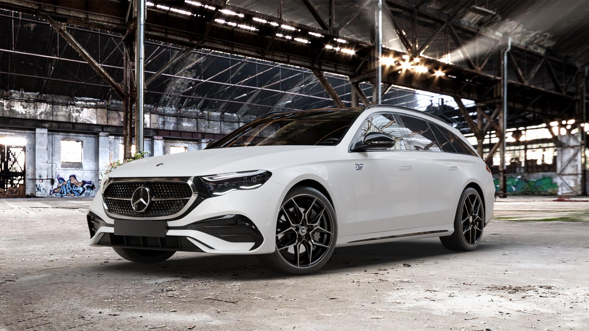Tec Speedwheels GT9 schwarz matt frontpoliert Shadow Edition Felge mit Reifen grau in 20Zoll Winterfelge Alufelge auf weissem Mercedes E-Klasse Typ S214 Kombi (R2ES) ⬇️ mit 15mm Tieferlegung ⬇️ Old Industrial Hall_max_5300mm_2024 Frontansicht_1