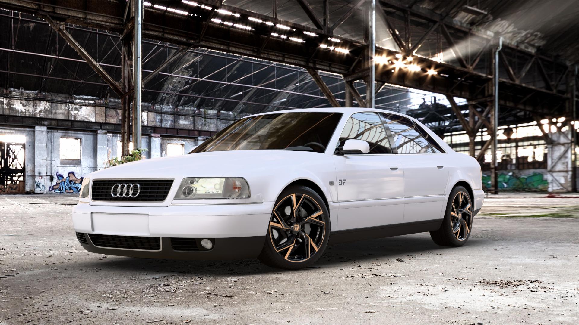 TOMASON AR1 black copper Felge mit Reifen schwarz bronze in 19Zoll Alufelge auf weissem Audi A8 Typ D2/4D 2,8l 128kW (174 PS) 142kW (193 2,5l TDI 110kW (150 132kW (179 quattro ⬇️ mit 15mm Tieferlegung ⬇️ Old Industrial Hall_max_5300mm_2024 Frontansicht_1