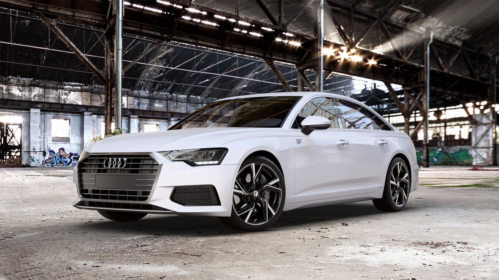 TOMASON AR1 black diamond polished Felge mit Reifen grau silber schwarz mehrfarbig anthrazit in 20Zoll Alufelge auf weissem Audi A6 Typ F2/C8 (Limousine) ⬇️ mit 15mm Tieferlegung ⬇️ Old Industrial Hall_max_5300mm_2024 Frontansicht_1