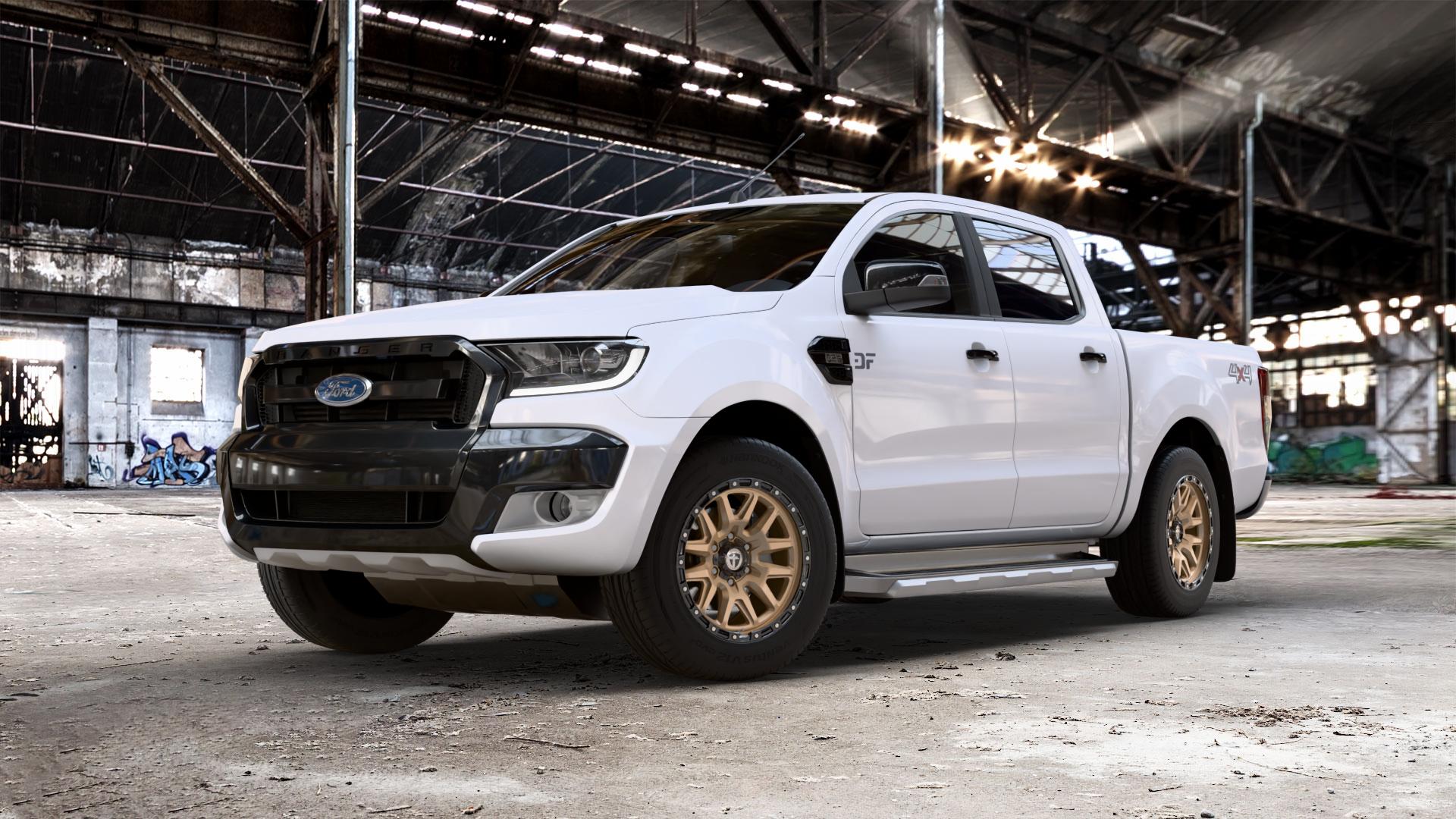TOMASON TN Offroad Bronze/Black Felge mit Reifen schwarz in 18Zoll Alufelge auf weissem Ford Ranger VI Typ 2AB Facelift (16->) (19->) ⬇️ mit 15mm Tieferlegung ⬇️ Old Industrial Hall_max_5300mm_2024 Frontansicht_1