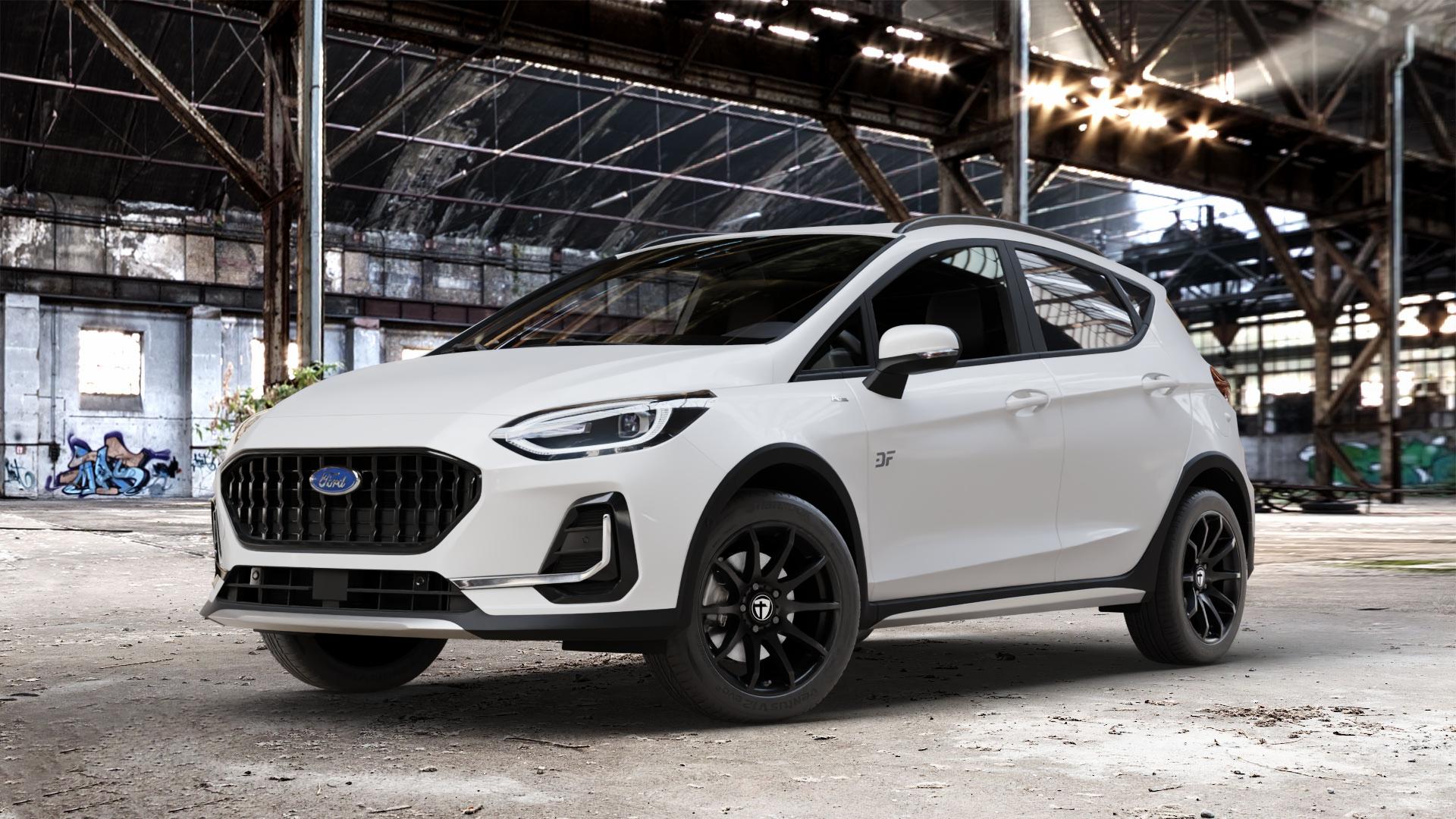 TOMASON TN1 black painted Felge mit Reifen schwarz in 16Zoll Winterfelge Alufelge auf weissem Ford Fiesta VII Typ JHH Active Facelift ⬇️ mit 15mm Tieferlegung ⬇️ Old Industrial Hall_max_4400mm_2024 Frontansicht_1