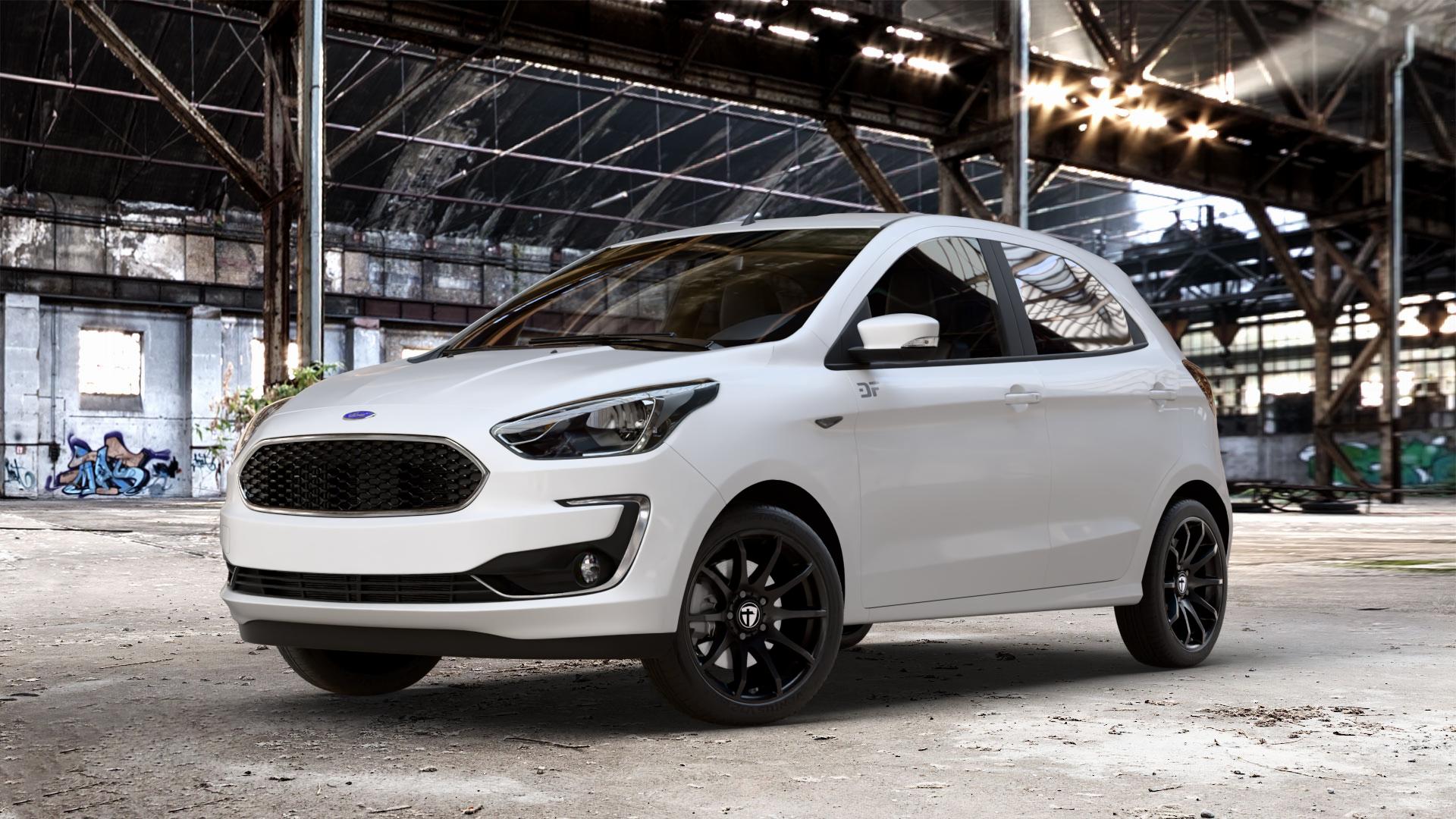 TOMASON TN1 black painted Felge mit Reifen schwarz in 16Zoll Winterfelge Alufelge auf weissem Ford KA+ Typ KAF ACTIVE Facelift KA ⬇️ mit 15mm Tieferlegung ⬇️ Old Industrial Hall_max_4400mm_2024 Frontansicht_1