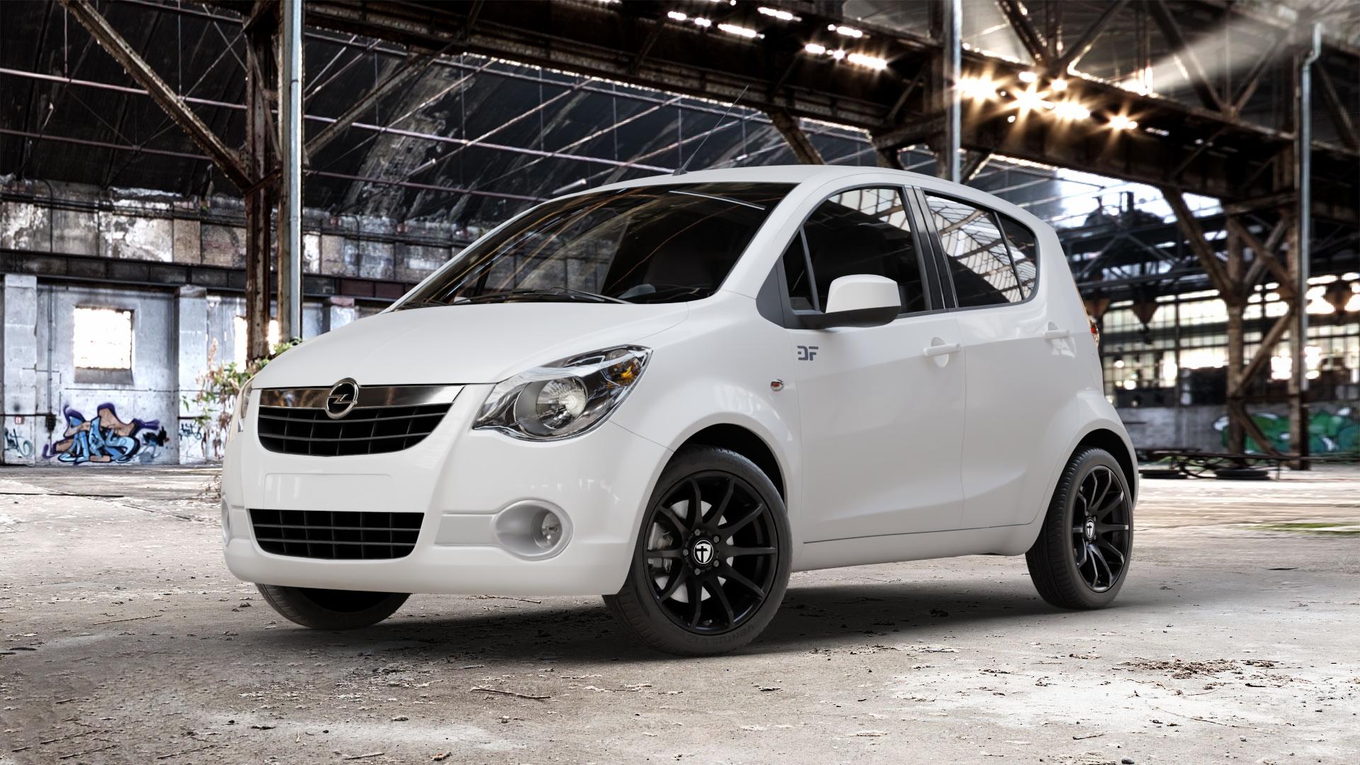 TOMASON TN1 black painted Felge mit Reifen schwarz in 16Zoll Winterfelge Alufelge auf weissem Opel Agila Typ H-B ⬇️ mit 15mm Tieferlegung ⬇️ Old Industrial Hall_max_4400mm_2024 Frontansicht_1