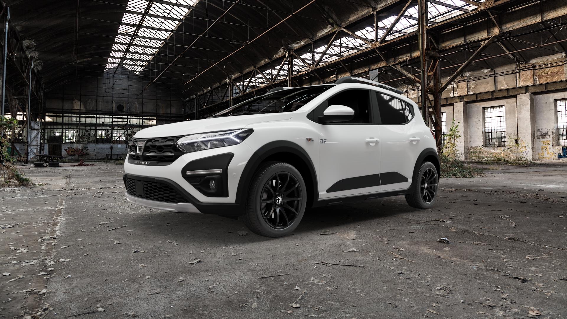 TOMASON TN1 black painted Felge mit Reifen schwarz in 17Zoll Winterfelge Alufelge auf weissem Dacia Sandero Stepway III Typ DJF ⬇️ mit 15mm Tieferlegung ⬇️ Old Industrial Hall_max5000mm_2022 Frontansicht_1