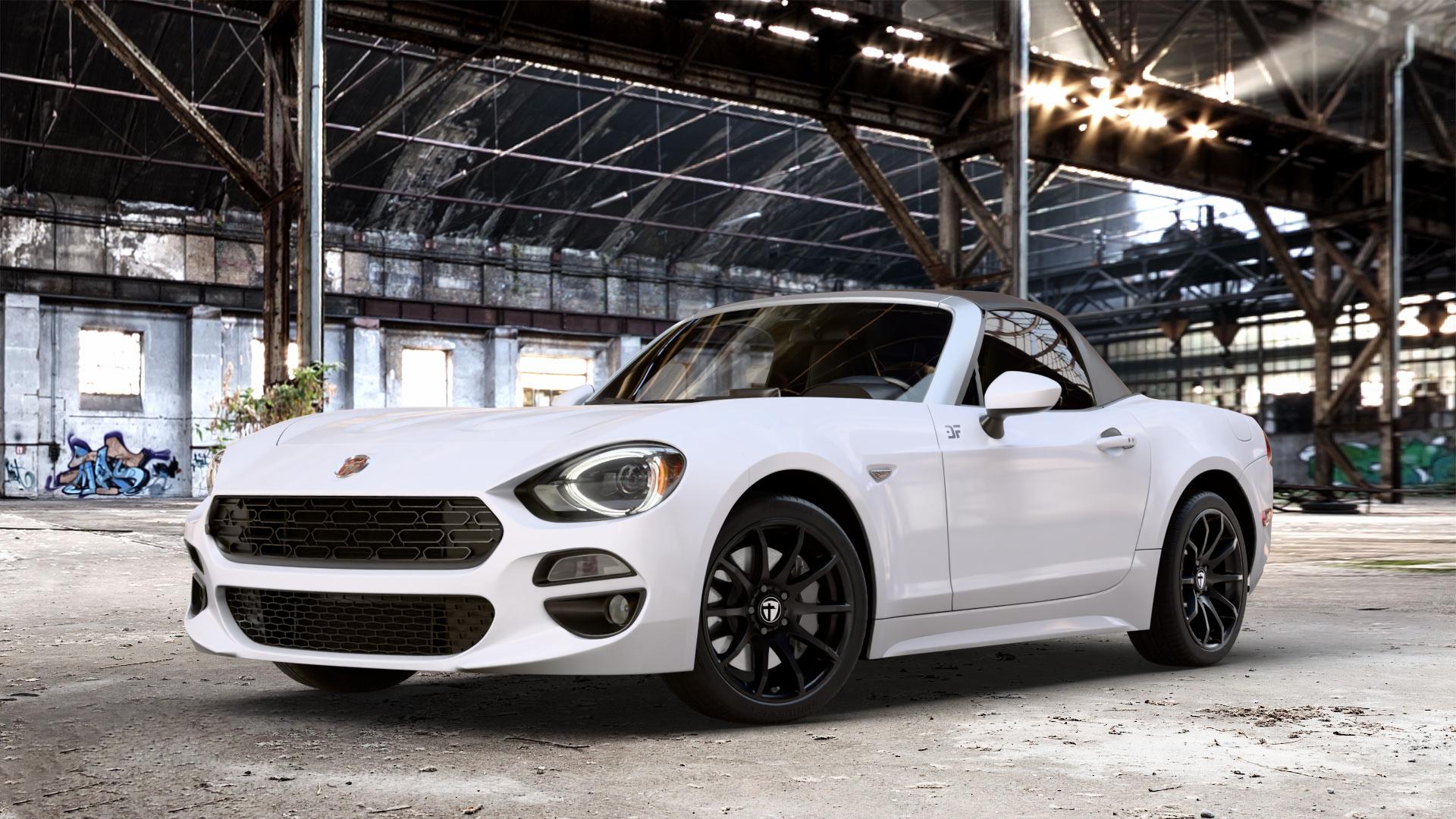 TOMASON TN1 black painted Felge mit Reifen schwarz in 17Zoll Winterfelge Alufelge auf weissem Fiat 124 Spider Typ NF ⬇️ mit 15mm Tieferlegung ⬇️ Old Industrial Hall_max_4400mm_2024 Frontansicht_1