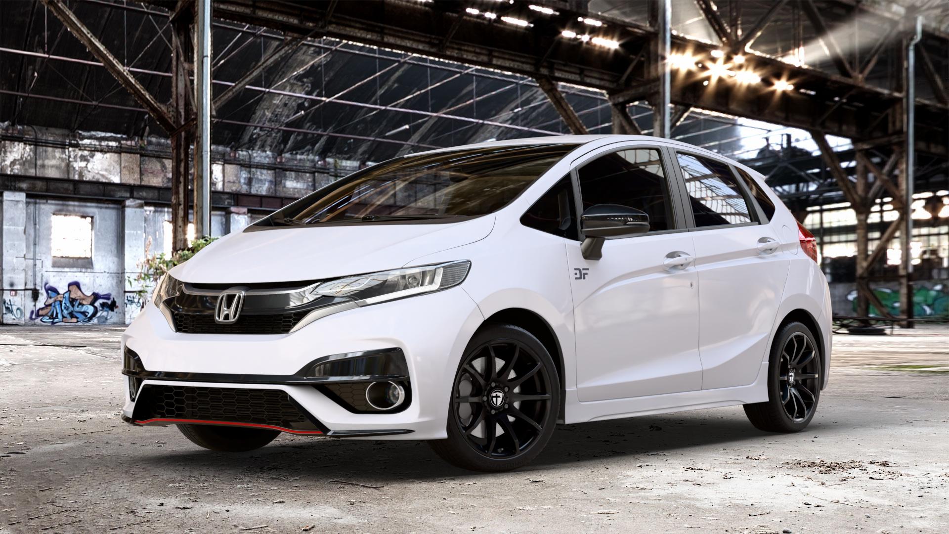 TOMASON TN1 black painted Felge mit Reifen schwarz in 17Zoll Winterfelge Alufelge auf weissem Honda Jazz IV (GK) Facelift ⬇️ mit 15mm Tieferlegung ⬇️ Old Industrial Hall_max_4400mm_2024 Frontansicht_1