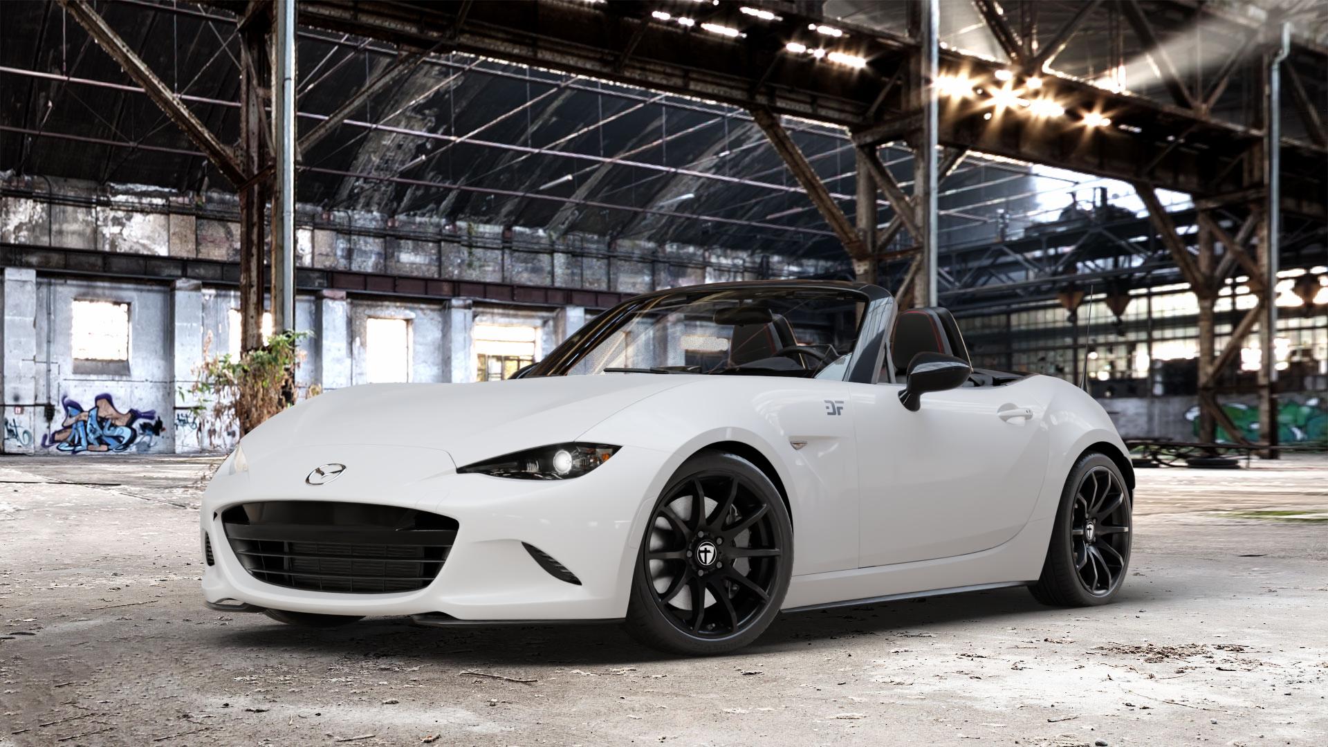 TOMASON TN1 black painted Felge mit Reifen schwarz in 17Zoll Winterfelge Alufelge auf weissem Mazda MX-5 IV (ND) ⬇️ mit 15mm Tieferlegung ⬇️ Old Industrial Hall_max_4400mm_2024 Frontansicht_1