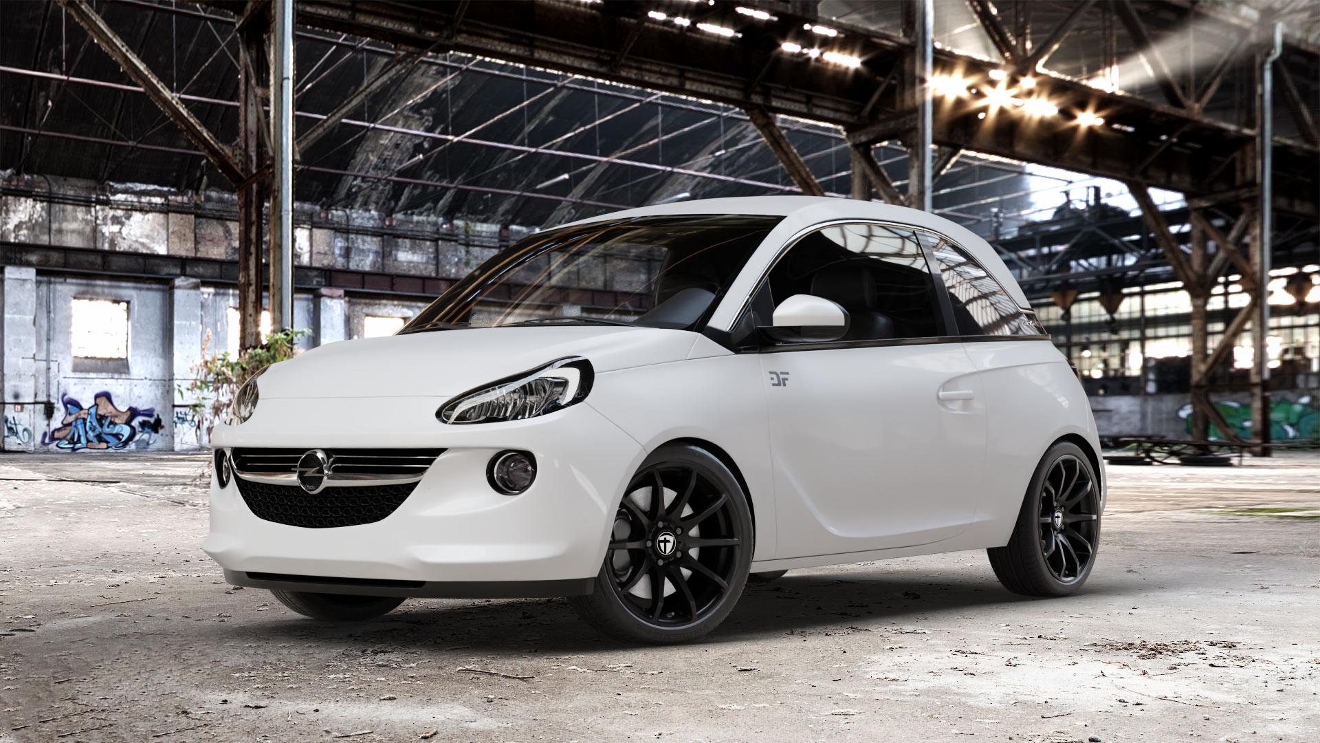 TOMASON TN1 black painted Felge mit Reifen schwarz in 17Zoll Winterfelge Alufelge auf weissem Opel Adam ⬇️ mit 15mm Tieferlegung ⬇️ Old Industrial Hall_max_4400mm_2024 Frontansicht_1