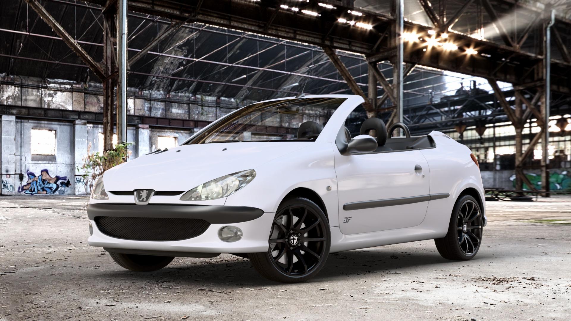 TOMASON TN1 black painted Felge mit Reifen schwarz in 17Zoll Winterfelge Alufelge auf weissem Peugeot 206 CC 1,6l HDi FAP 80kW (109 PS) 16V 2,0l 100kW (136 ⬇️ mit 15mm Tieferlegung ⬇️ Old Industrial Hall_max_4400mm_2024 Frontansicht_1